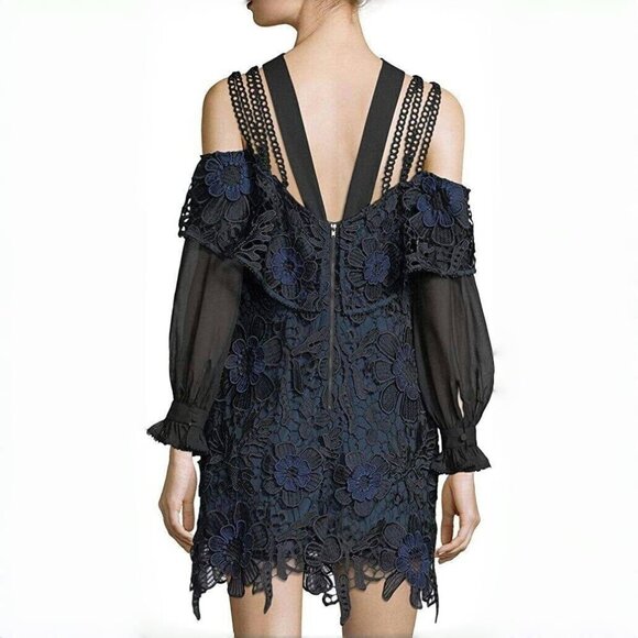 NWT Self Portrait Navy 3D Cold Shoulder Floral Guipure LACE Mini Dress Sz 8 - Picture 3 of 14